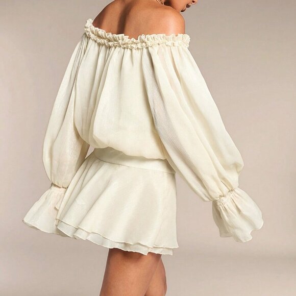 Khaki Casual Women's Off Shoulder Flare Sleeve Ruffle Hem Dress - Picture 6 of 6